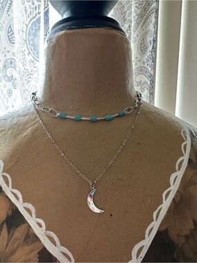Little Moon Silver Crescent Pendant with Turquoise Bead Choker
